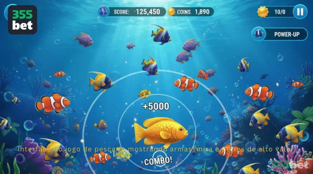 Interface do jogo de pescaria mostrando armas, mira e peixes de alto valor