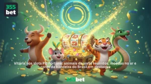 Vitória nos slots PG Fortune: animais da sorte reunidos, moedas no ar e cores da bandeira do Brasil em destaque