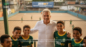 Eduardo Caldas, fundador e CEO da 355BET, em seu escritório com vista para o Rio de Janeiro - o visionário que trouxe o legado de confiança para o Brasil.