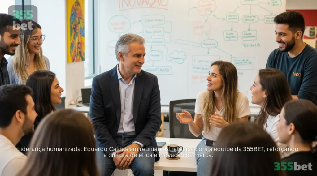 Liderança humanizada: Eduardo Caldas em reunião estratégica com a equipe da 355BET, reforçando a cultura de ética e inovação da marca.