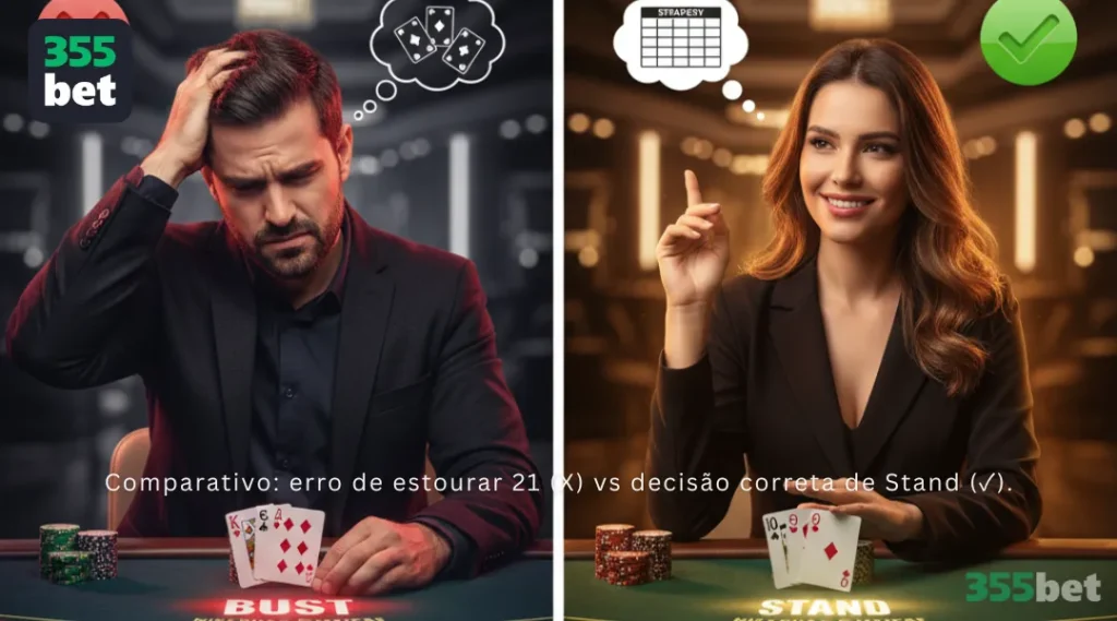 Comparativo erro de estourar 21 (X) vs decisão correta de Stand (✓).