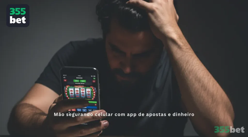 Mão segurando celular com app de apostas e dinheiro