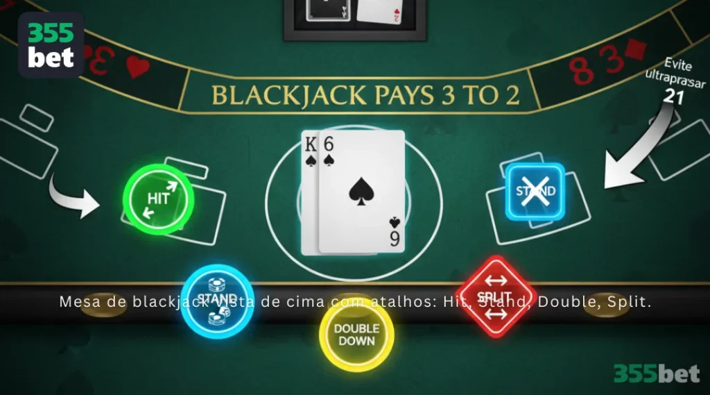 Mesa de blackjack vista de cima com atalhos Hit, Stand, Double, Split.