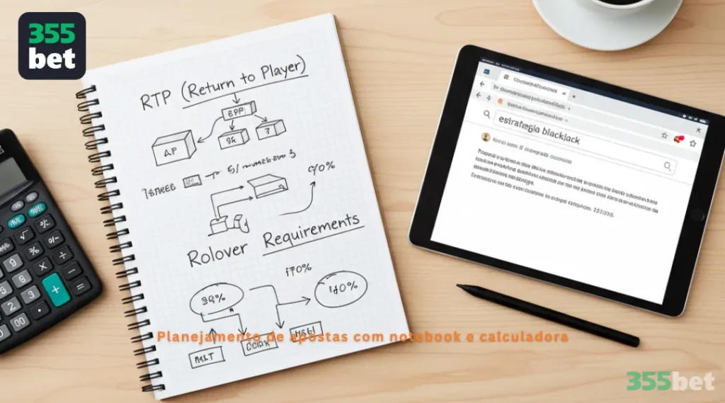 Planejamento de apostas com notebook e calculadora