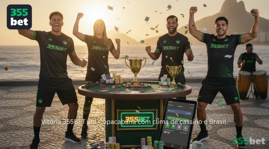 Vitória 355BET em Copacabana com clima de cassino e Brasil.